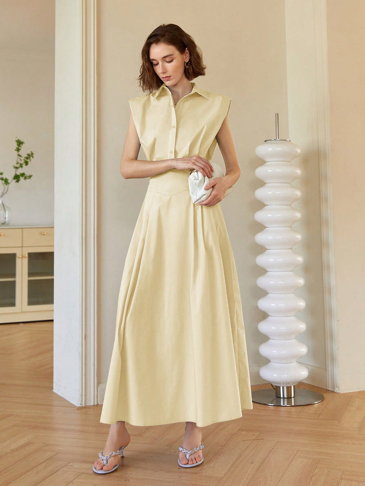 Cream Front Button Shirt Style Sleeveless Dress