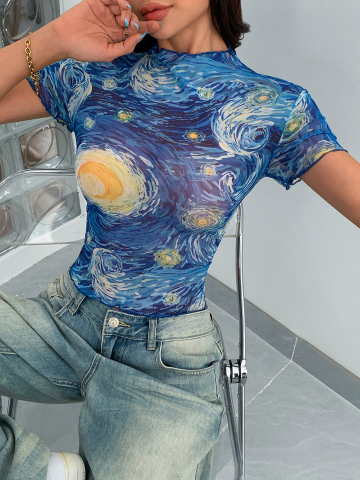 Blue Short Sleeve Abstract Printed Crop Top