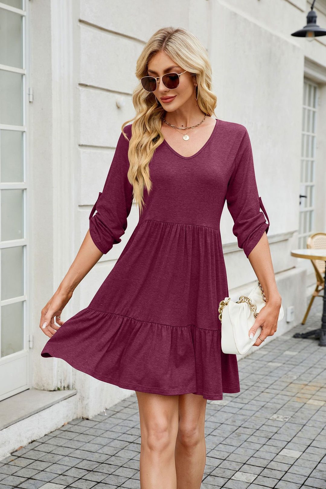 Maroon Button Up Sleeves Scoop Neck Dress