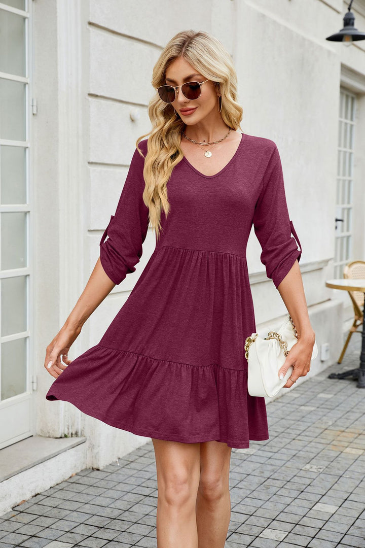 Maroon Button Up Sleeves Scoop Neck Dress