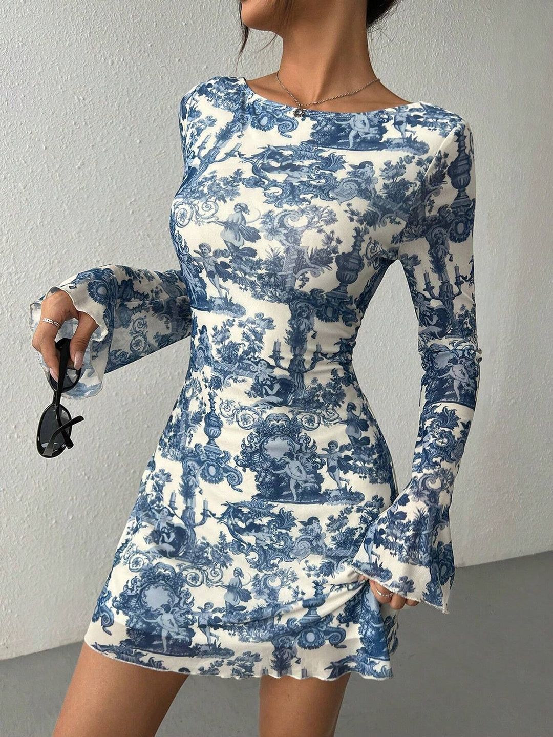 Blue Abstract Printed Bell Sleeve Dress