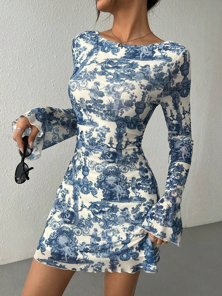 Blue Abstract Printed Bell Sleeve Dress