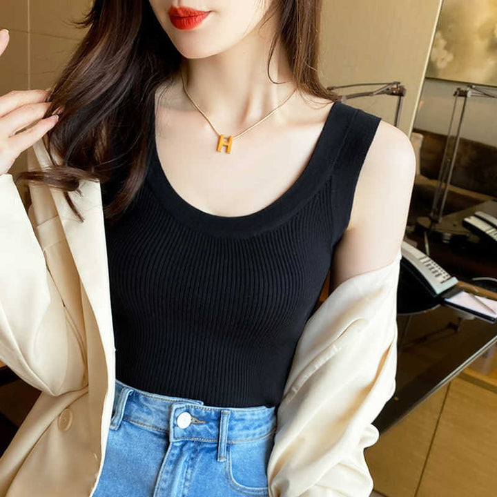 Black Shoulder Strap Round Neck Fitted Top