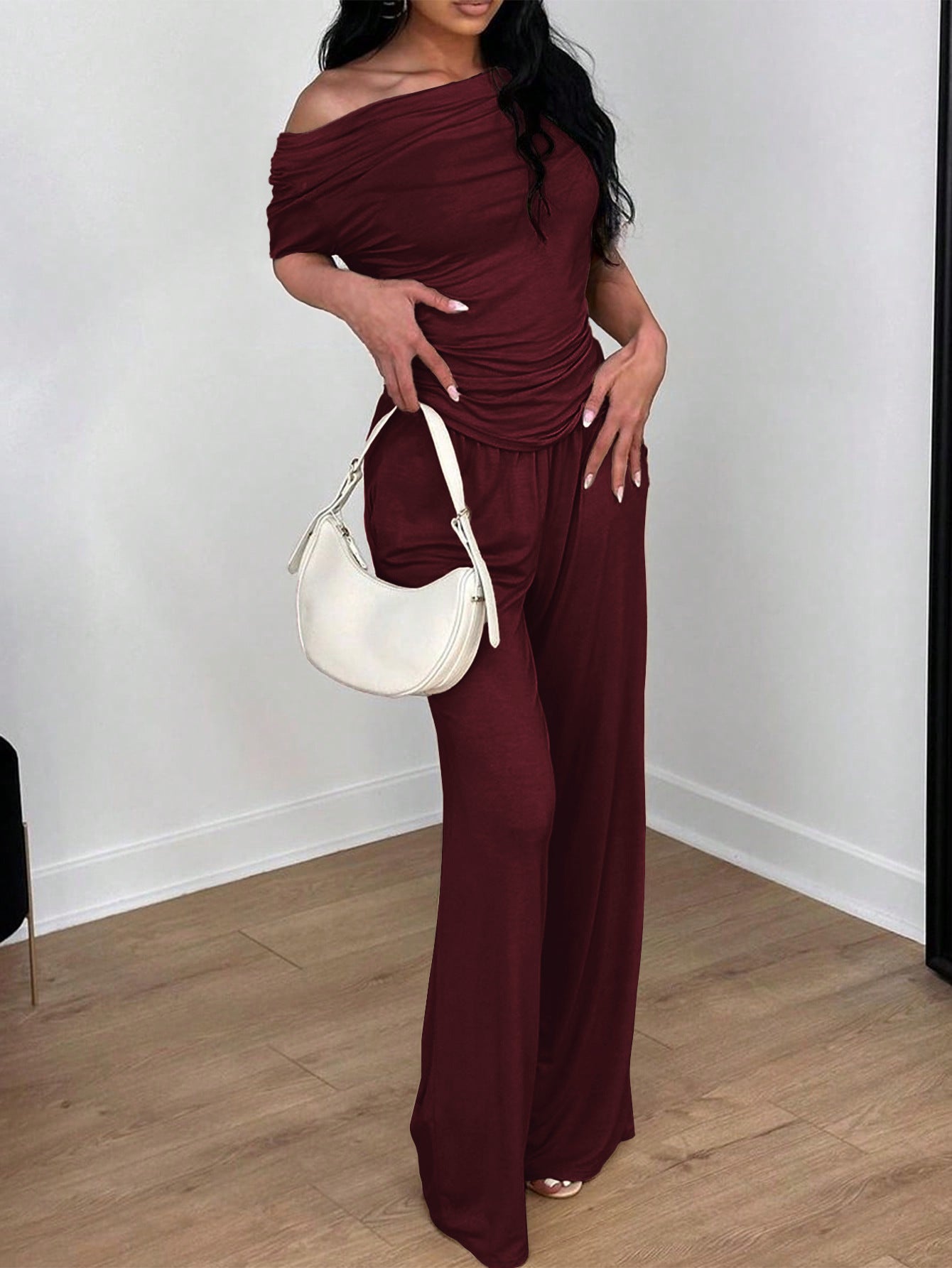 Maroon Off-Shoulder Top And Pant Co-Ord Set