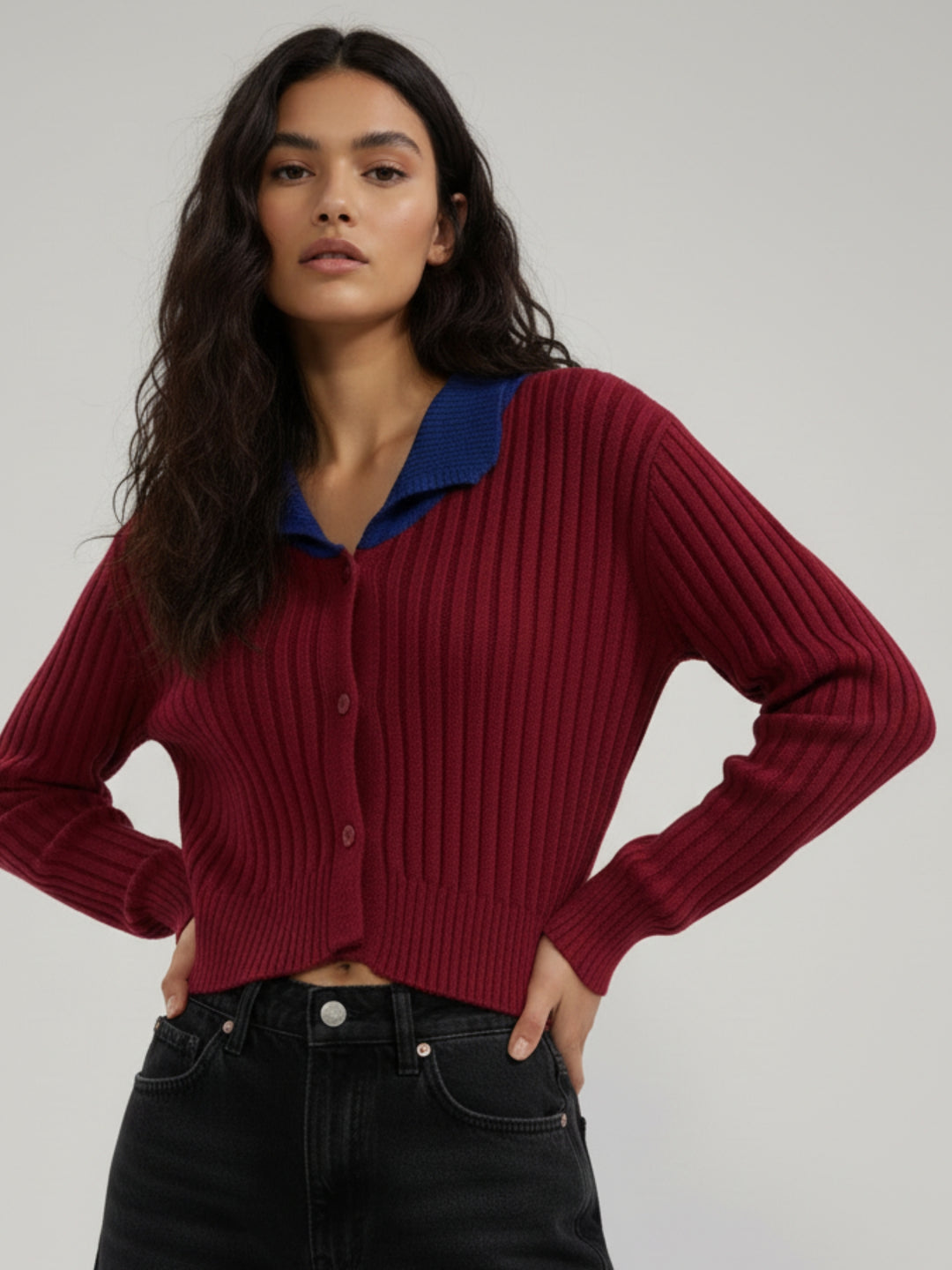 Red Full Sleeve Contrast Collar Cardigan