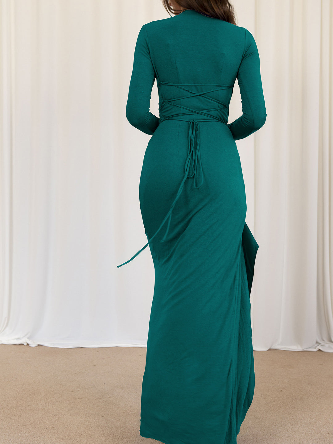 Green High Neck Side Ruched Dress