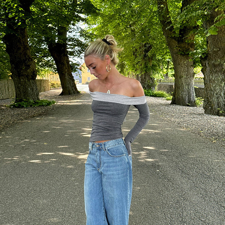Grey Off-Shoulder Dual Flap Top