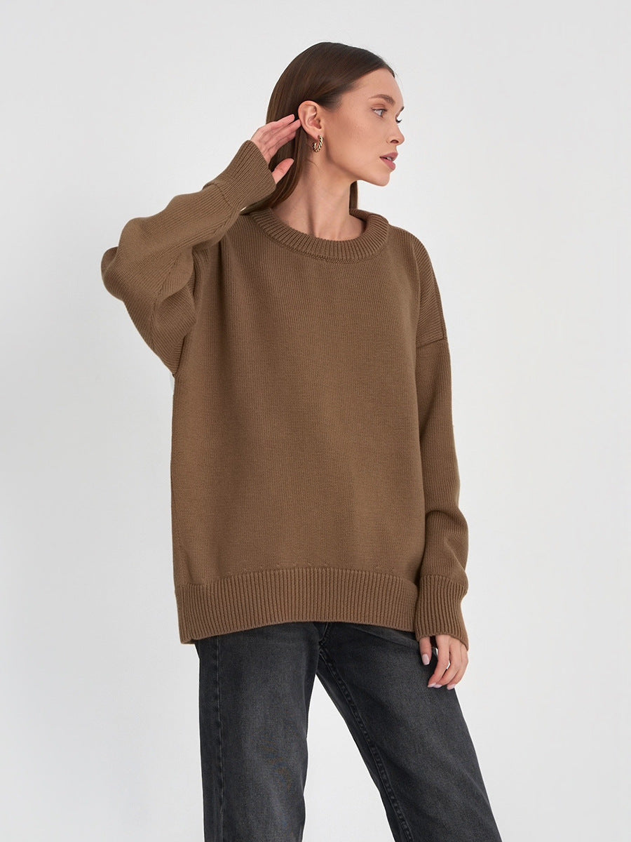 Brown Relaxed High Neck Solid Sweater