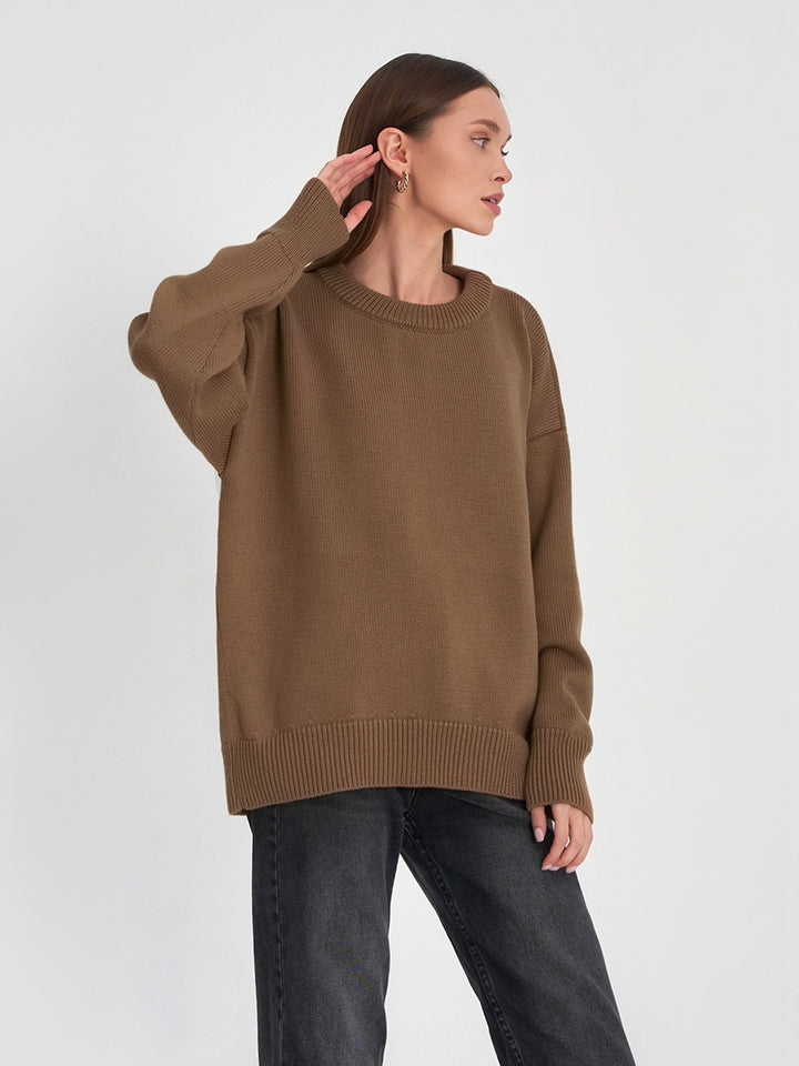 Brown Relaxed High Neck Solid Sweater