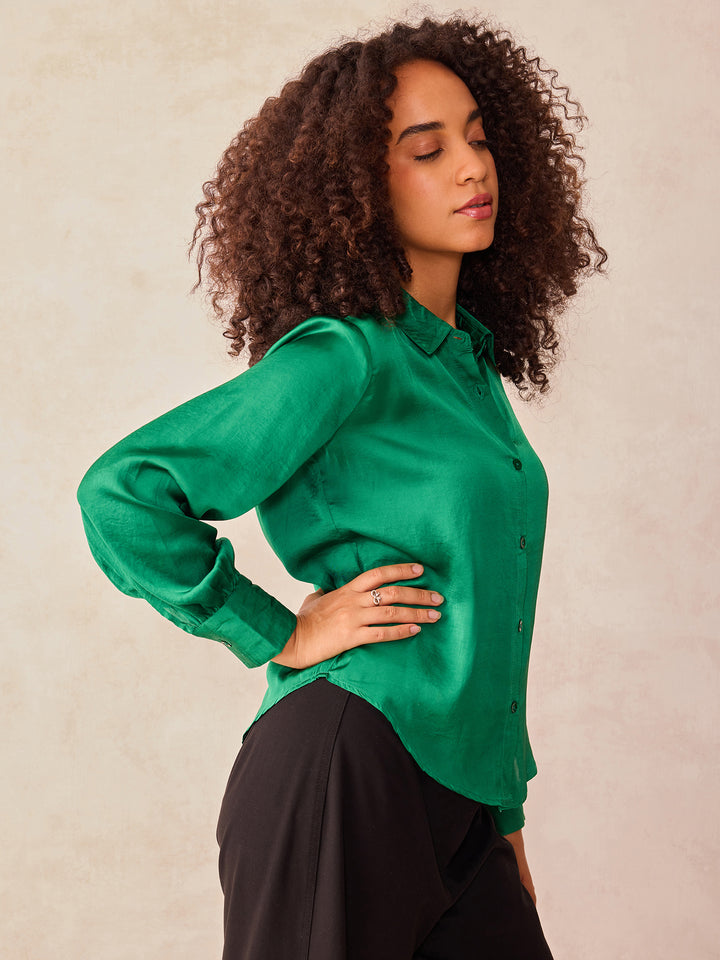 Green Relaxed Fit Satin Shirt