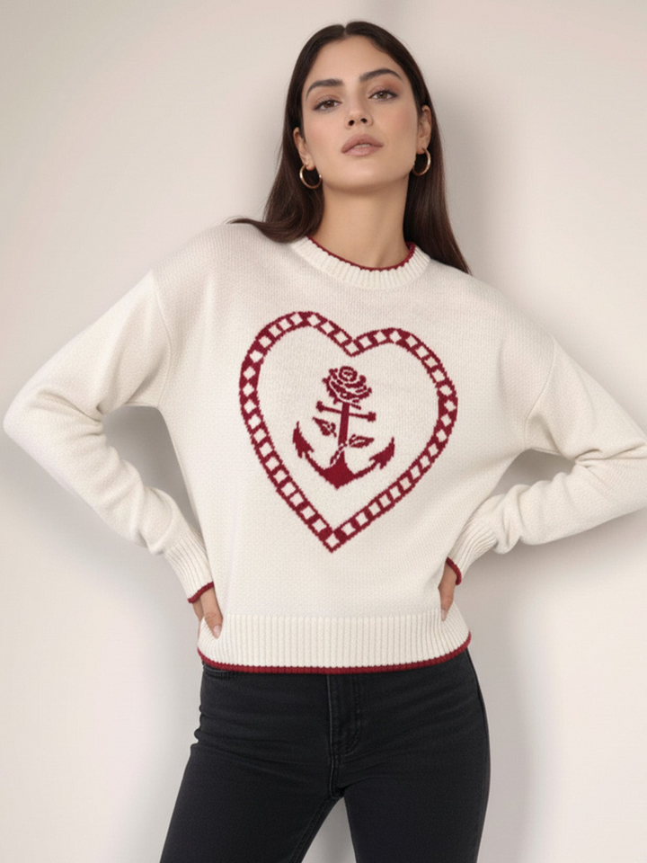 White Contrast Stitch Hem And Neck With Graphic Sweater