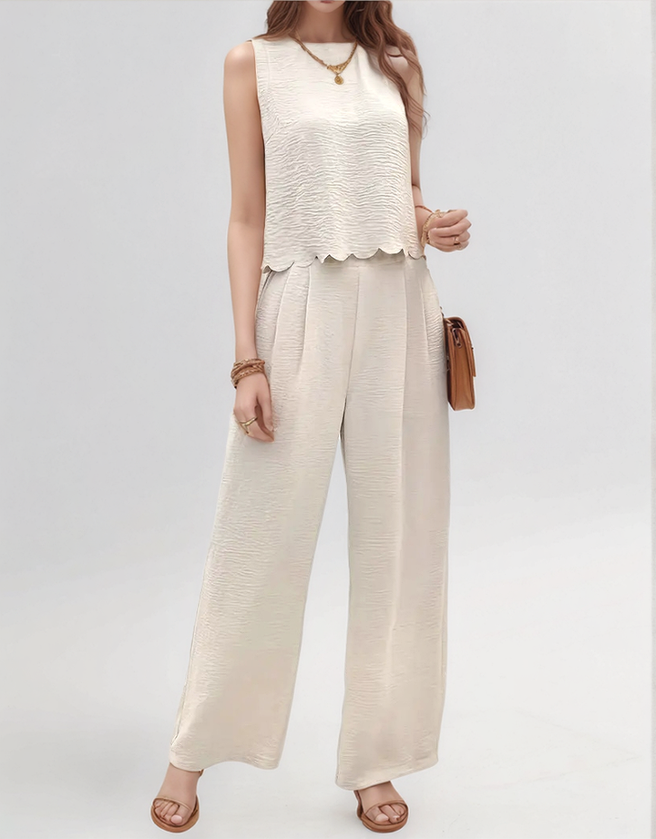 Off White Sleeveless Scallop Hem  Back Tie Top Up And Pant Set