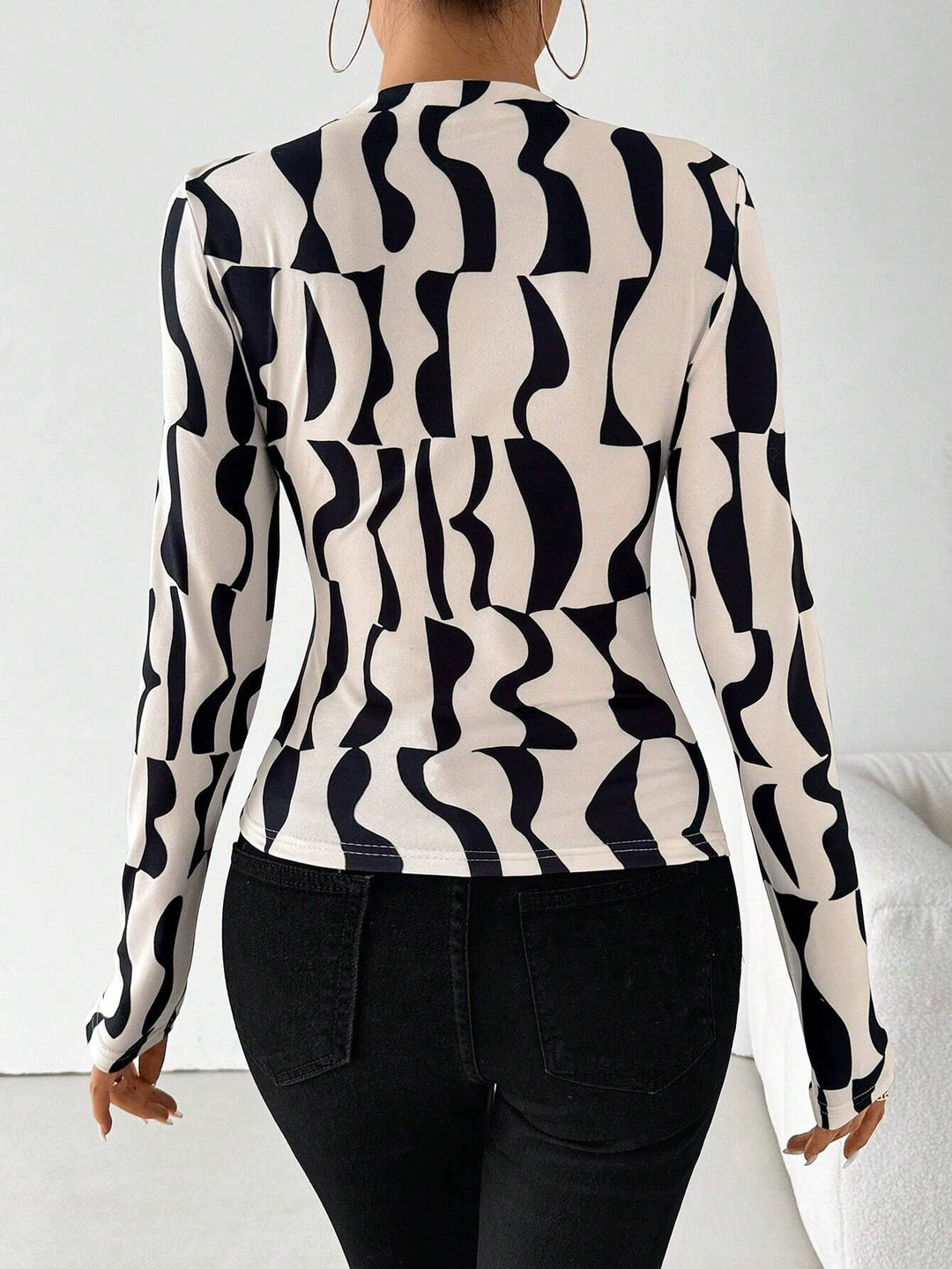 Off White Full Sleeve High Neck Printed Top