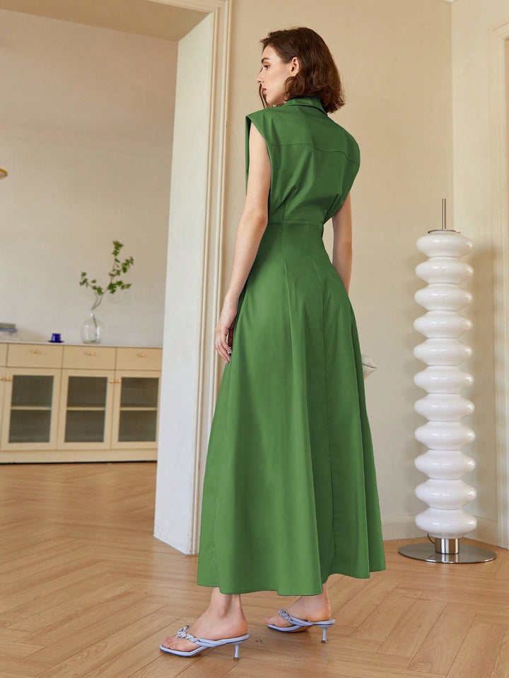 Green Front Button Shirt Style Sleeveless Dress
