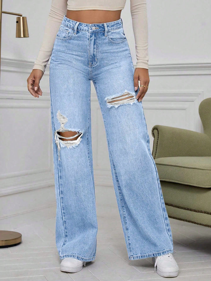 Light Blue Knee And Thigh Distressed Baggy Jeans