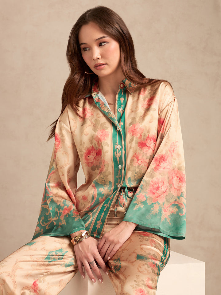 Peach Relax Fit Printed Satin Shirt With Wide Leg Trousers Set