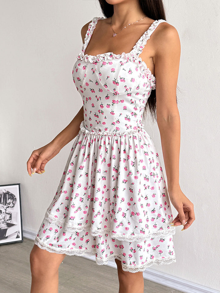 White Frilly Strapped Printed Mini Dress