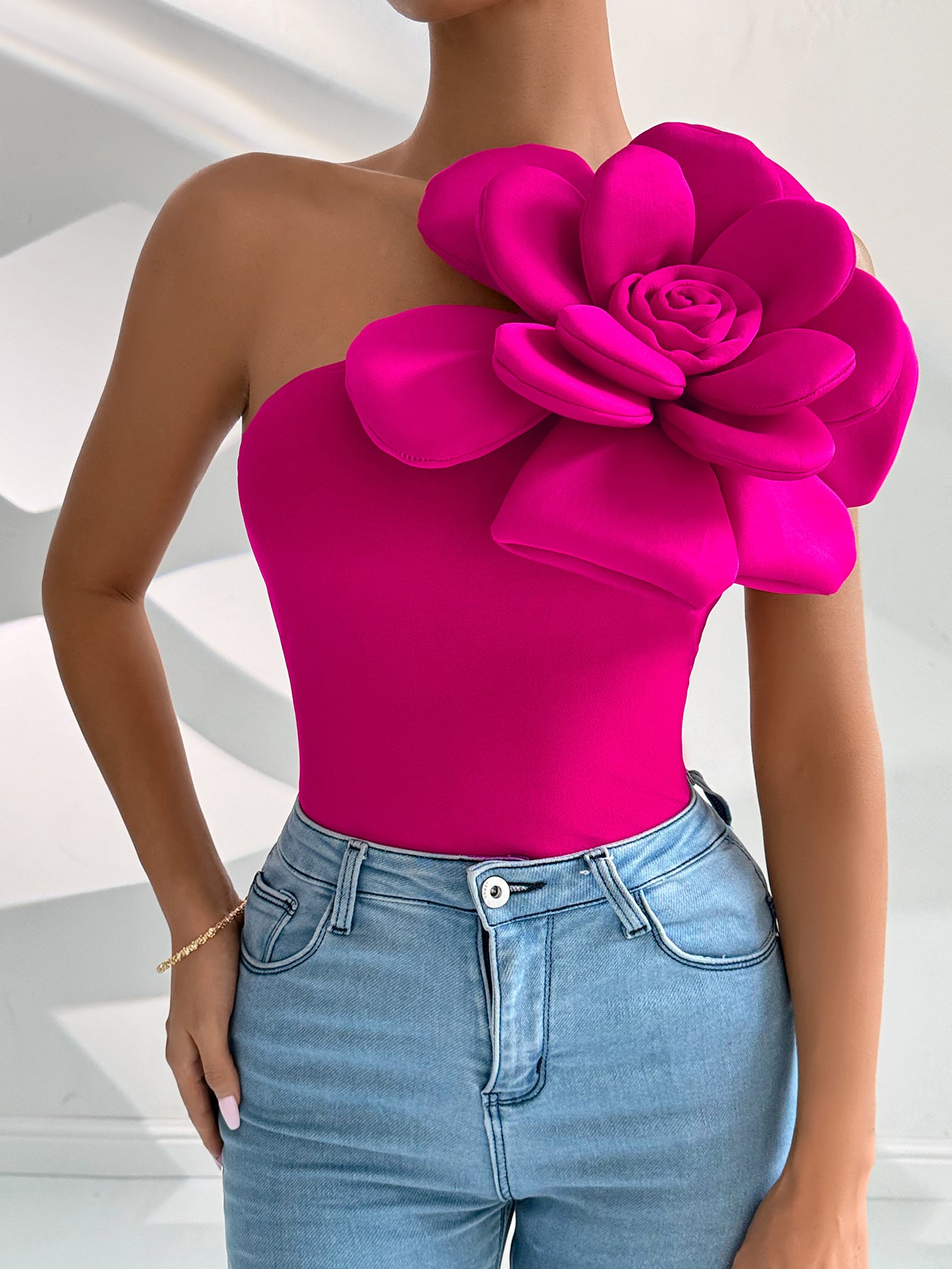 Pink One Shoulder Flower Attached Top