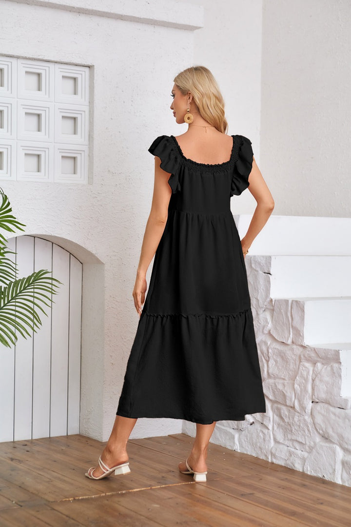 Black Solid Flutter Sleeved Empire Waist Smocked Dress