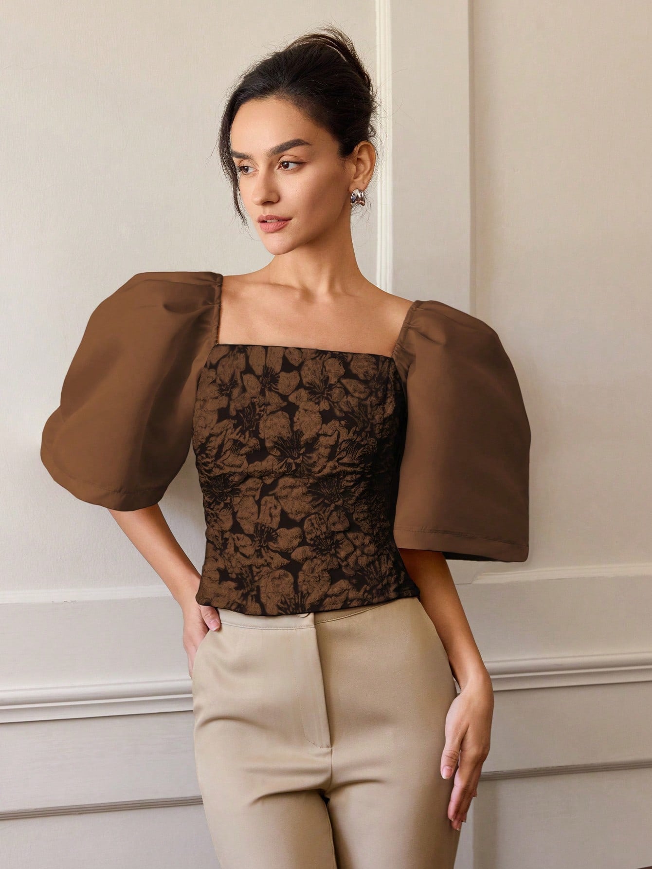 Brown Floral Textured Fitted Top