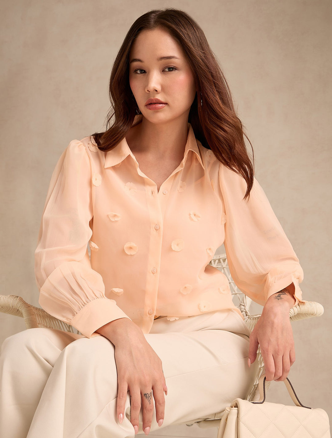 Peach Flowy Georgette Shirt With Applique Flower Embellishment