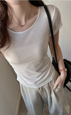 Off-White Wide Neck Solid T-Shirt