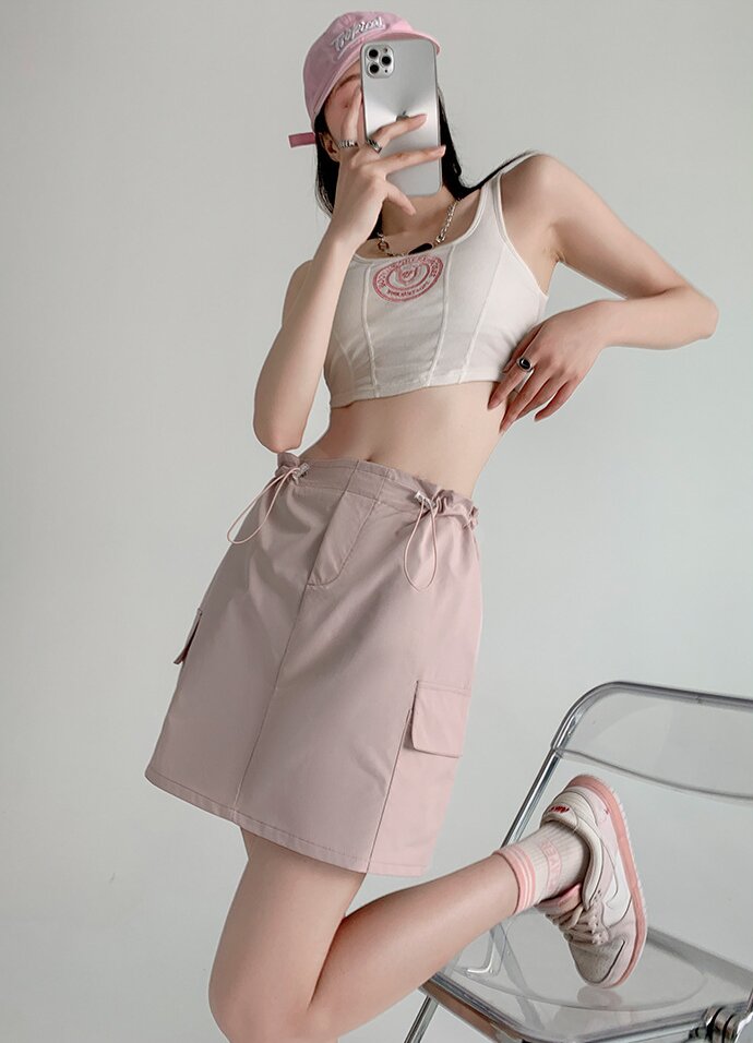Pink Drawstring Cargo Skirt