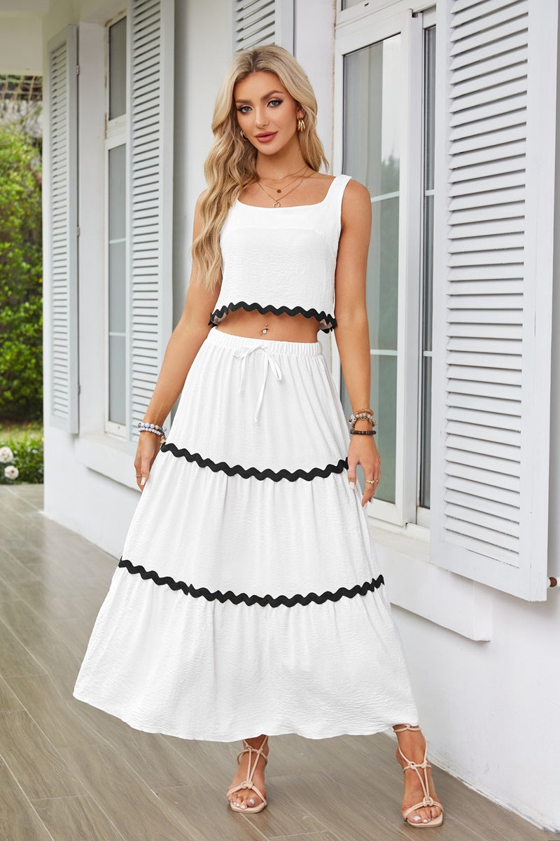 White Contrast Tipping Top And Skirt Co-Ord Set
