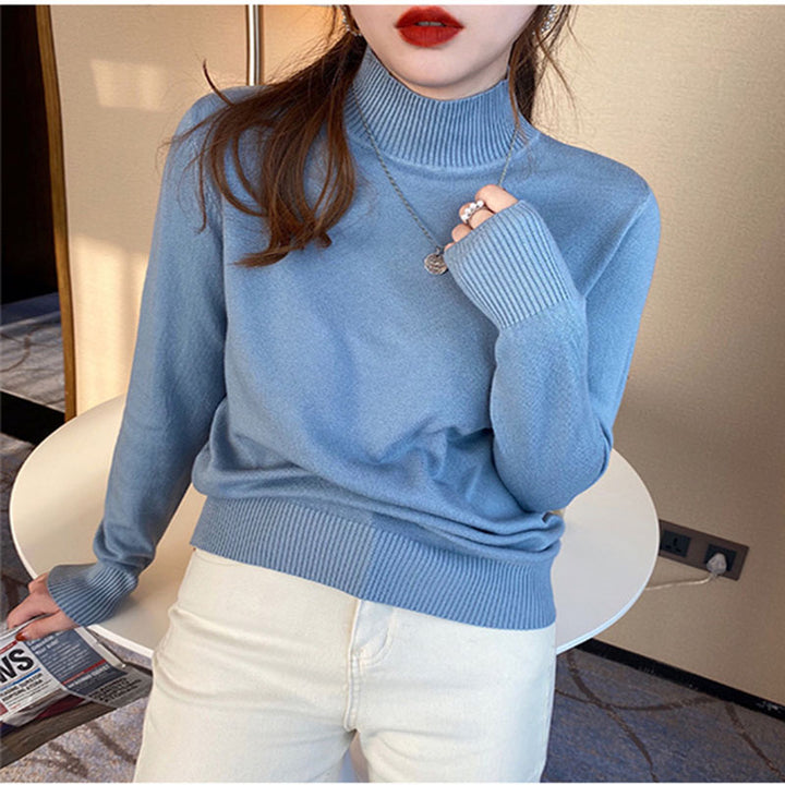 Blue Full Sleeve Mock Neck Fitted Sweater