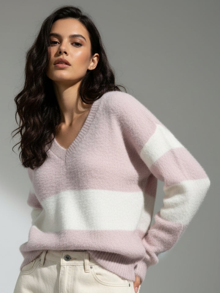 Pink Full Sleeve V Neck Striped Sweater