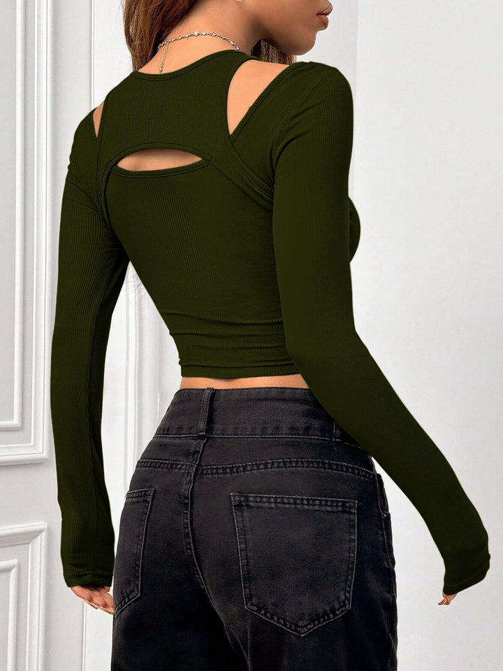 Green Full Sleeve Cut-Out Detail Top