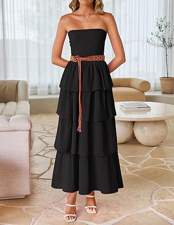 Black Tube Smoked Dress With Ruffled Layers