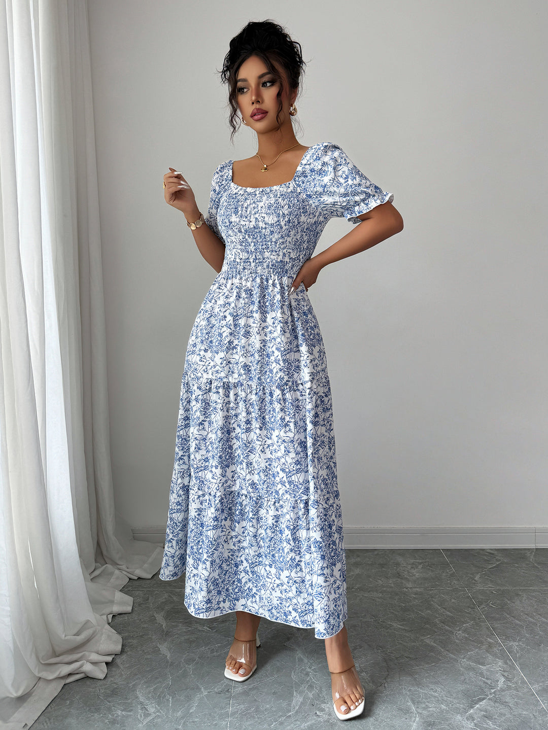 Blue Printed Round Neck Dress