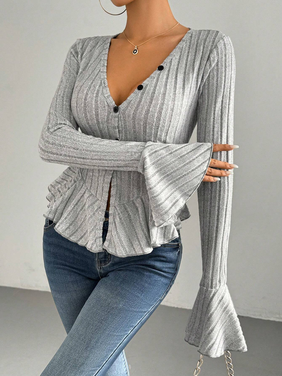 Grey Button Down Peplum Hem Top