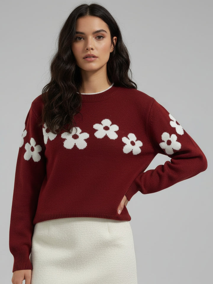 Burgundy Full Sleeve Round Neck Printed Sweater