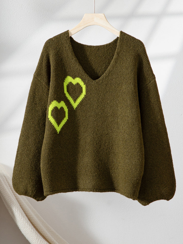 Olive Full Sleeves V Neck Printed Sweater