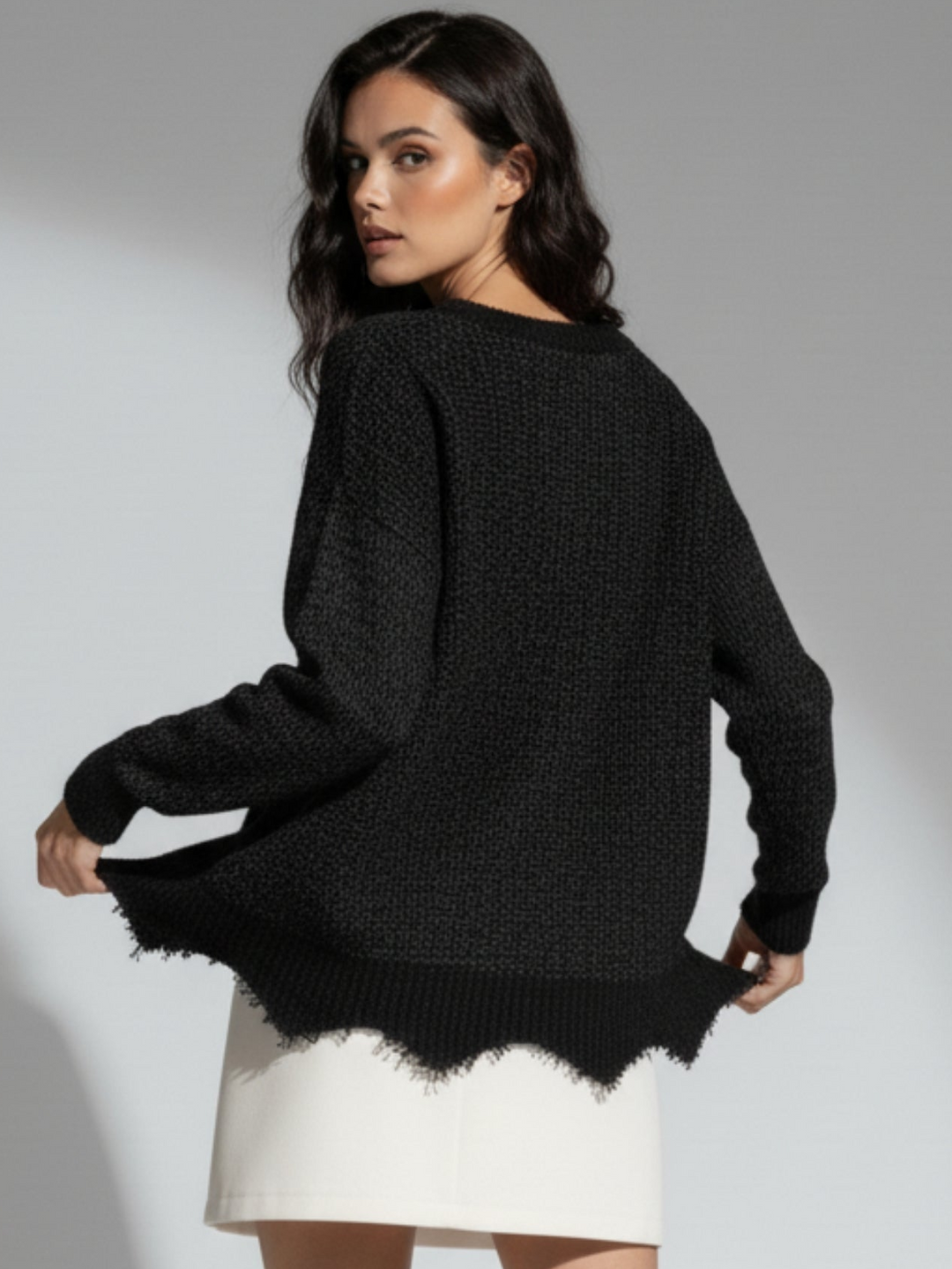 Grey Full Sleeve Crew Neck Fringe Hem Sweater