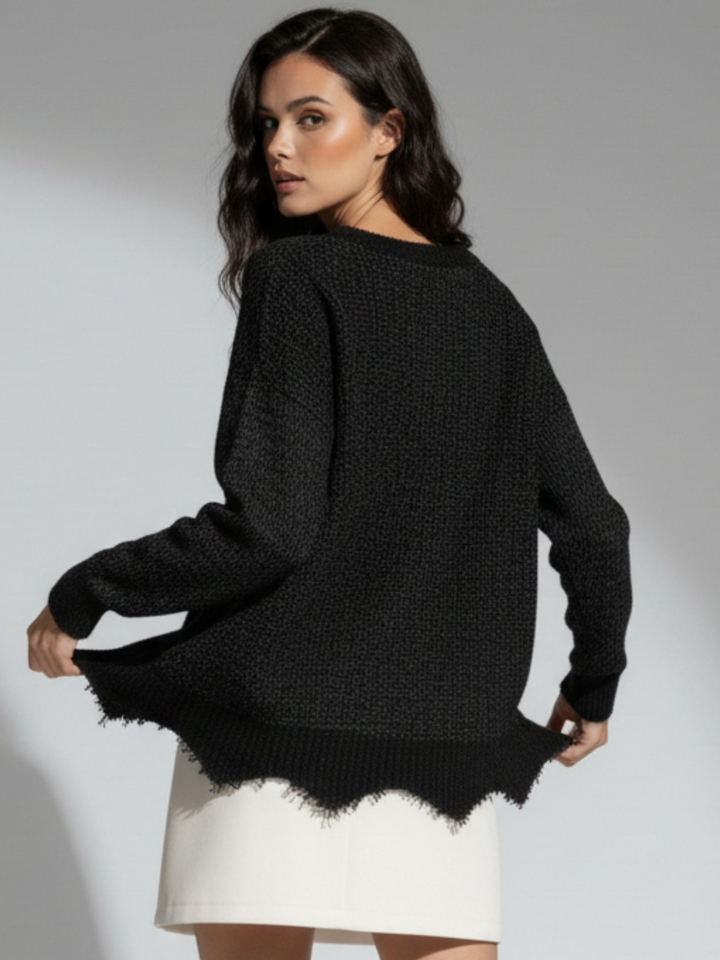 Grey Full Sleeve Crew Neck Fringe Hem Sweater