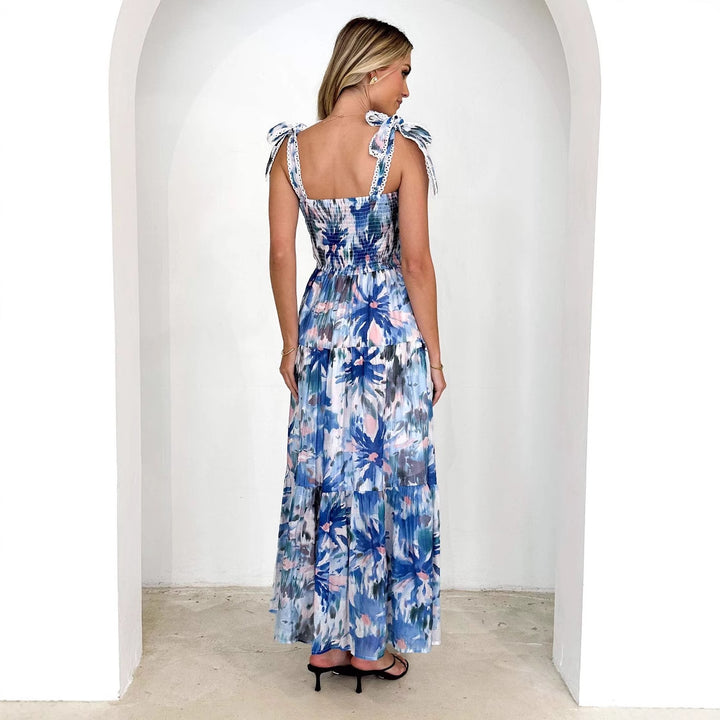 Blue Bold Printed Tiered Tie Up Dress