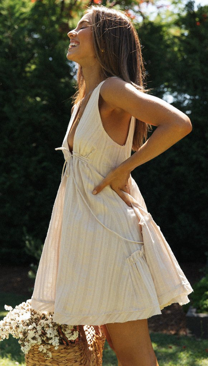 Cream Plunge Neck Flowy Mini Dress