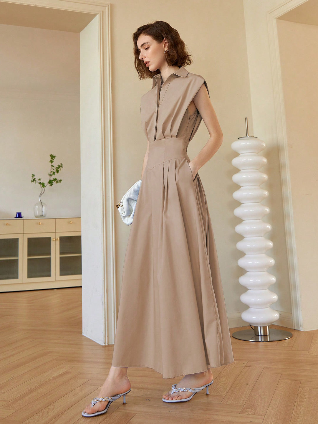 Brown Front Button Shirt Style Sleeveless Dress