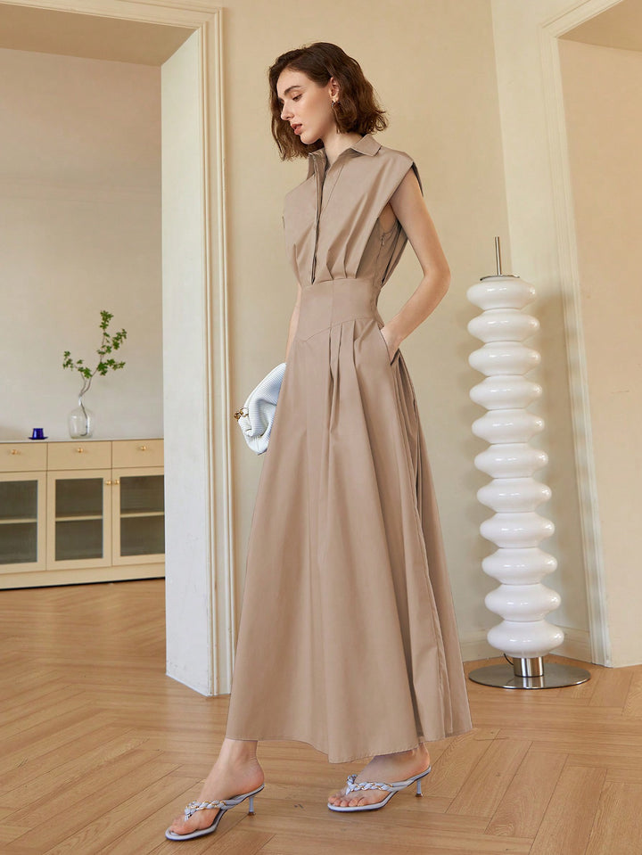 Brown Front Button Shirt Style Sleeveless Dress