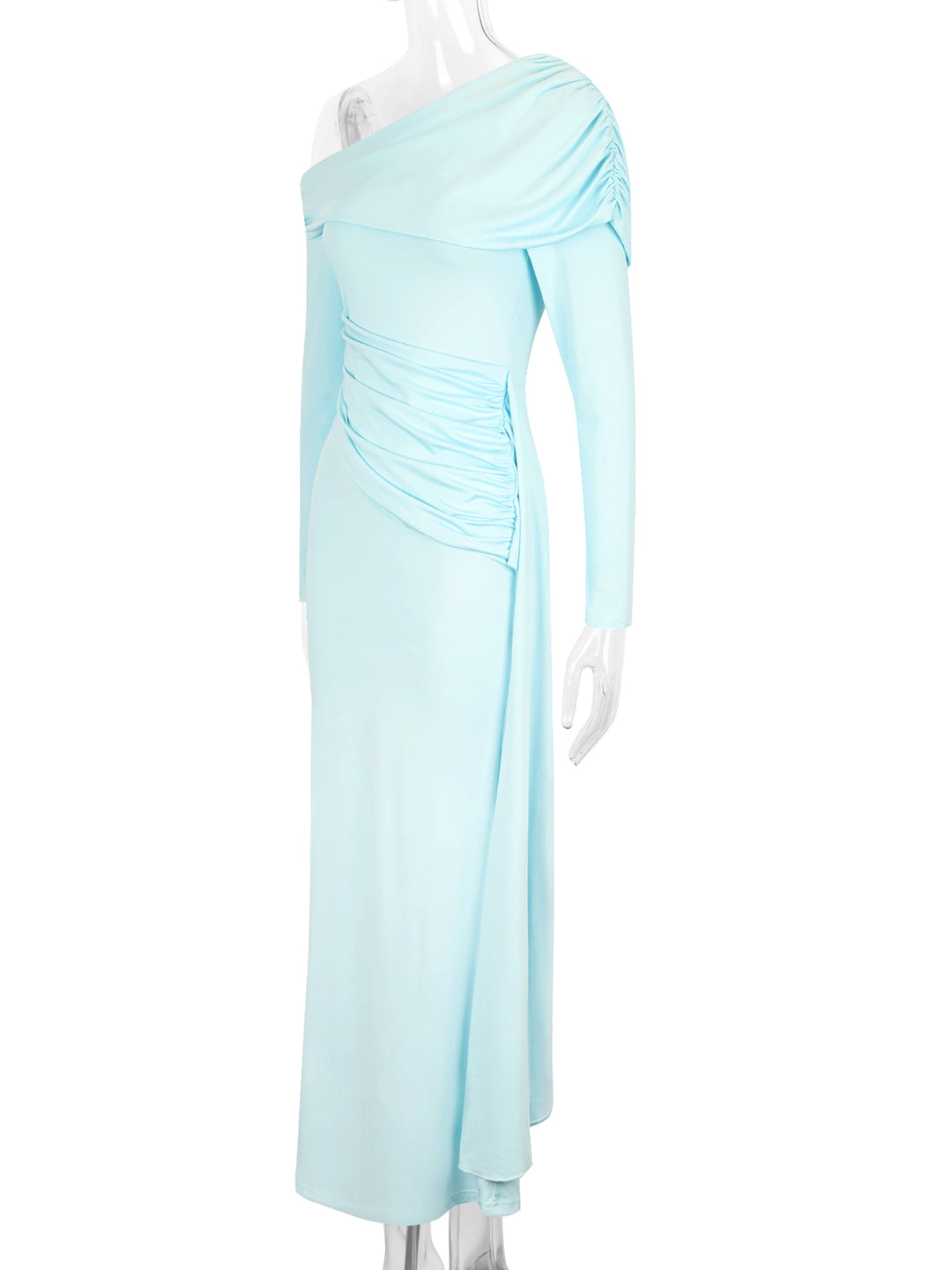 Blue One shoulder cowl neck side wrap dress