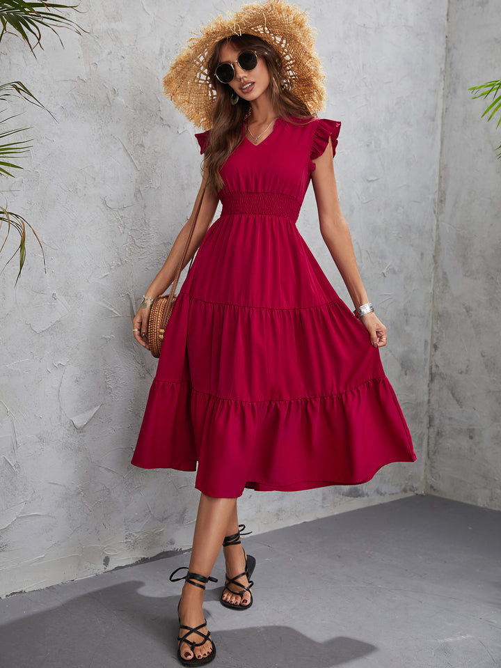 Red Waist Smocking Tiered Dress