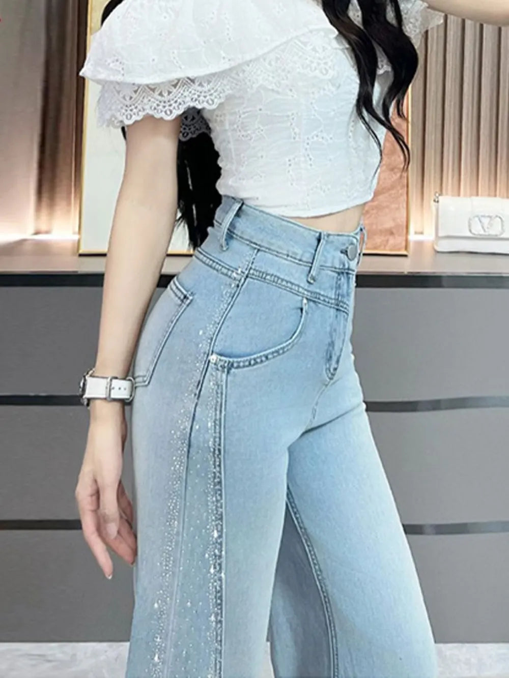 Light Blue High Waist Frayed Wide Leg Jeans