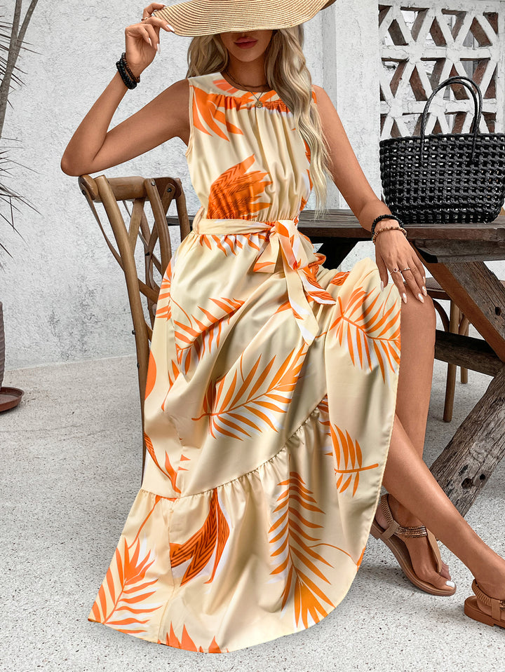 Orange Printed A Line Belt Tie Up Dress
