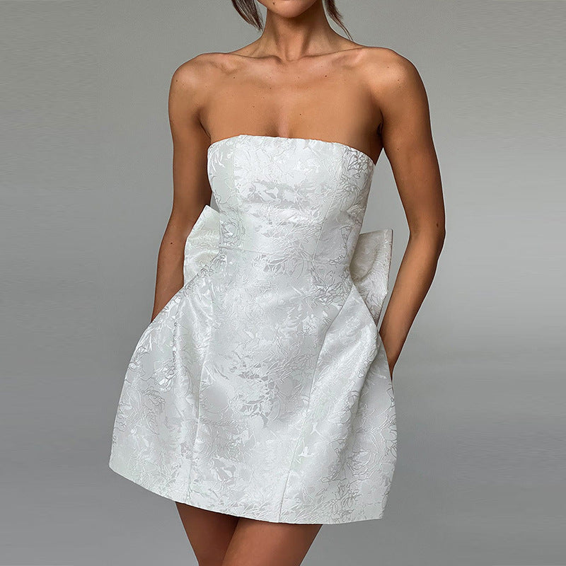 White  Bardot Floral Jacquard Skater Dress With Big Bow At Back