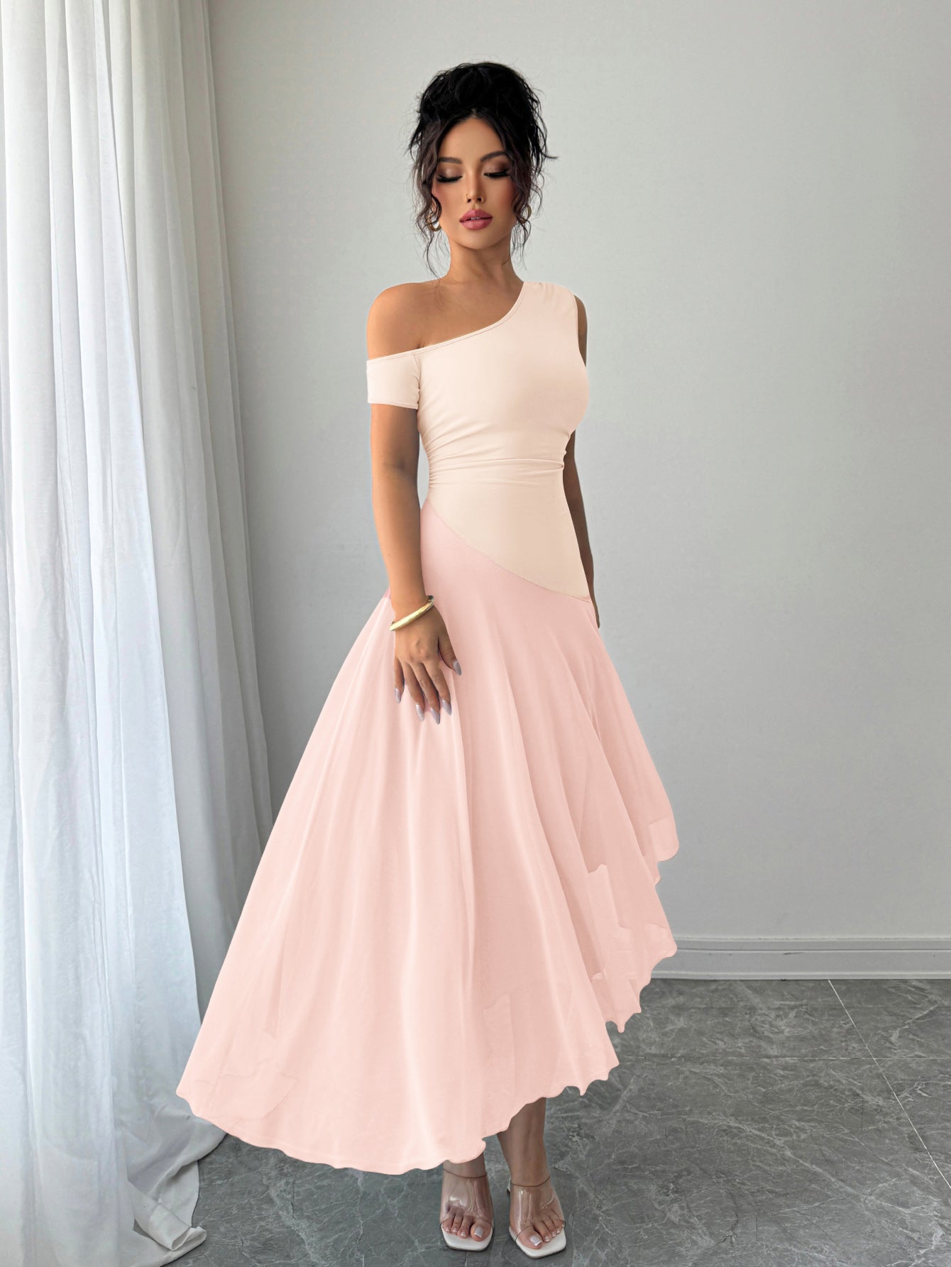 Pink One Shoulder Sleeveless Pleated Dress