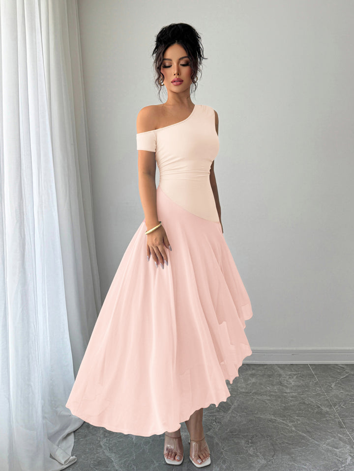Pink One Shoulder Sleeveless Pleated Dress