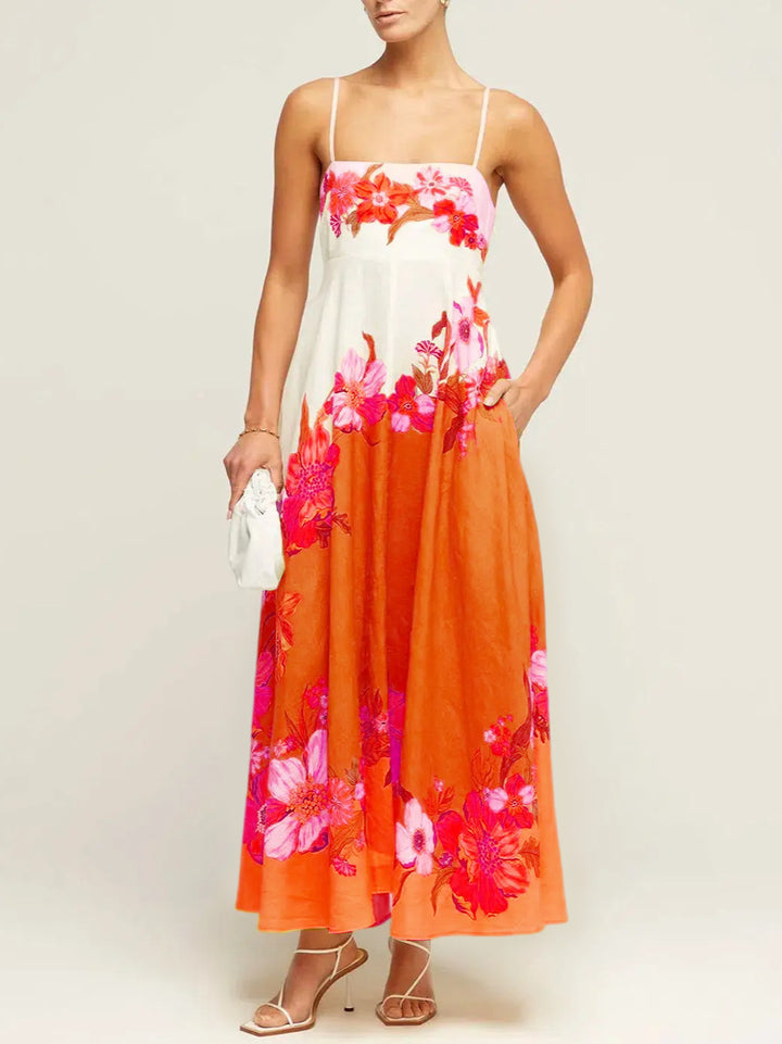 Orange Palcement Print Floral Fit And Flare Maxi Dress